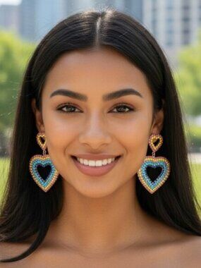 NOIR Rainbow CZ Double Heart Earrings Door Knocker Y2K Statement Hip Hop Pride